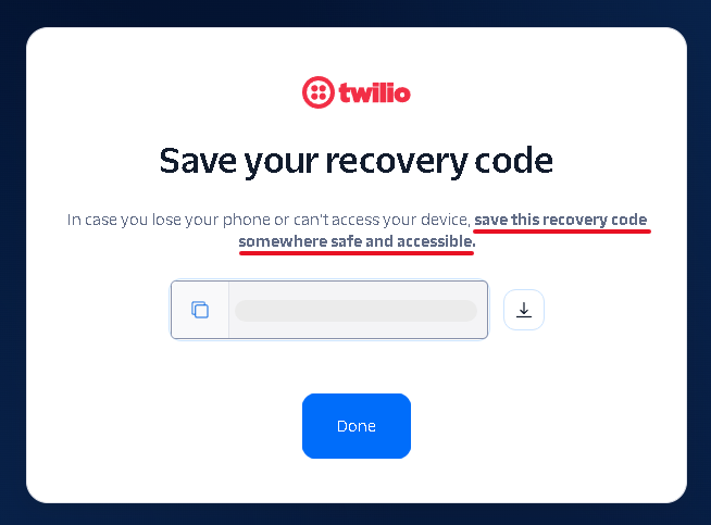 Twilio recovery code page with the download button