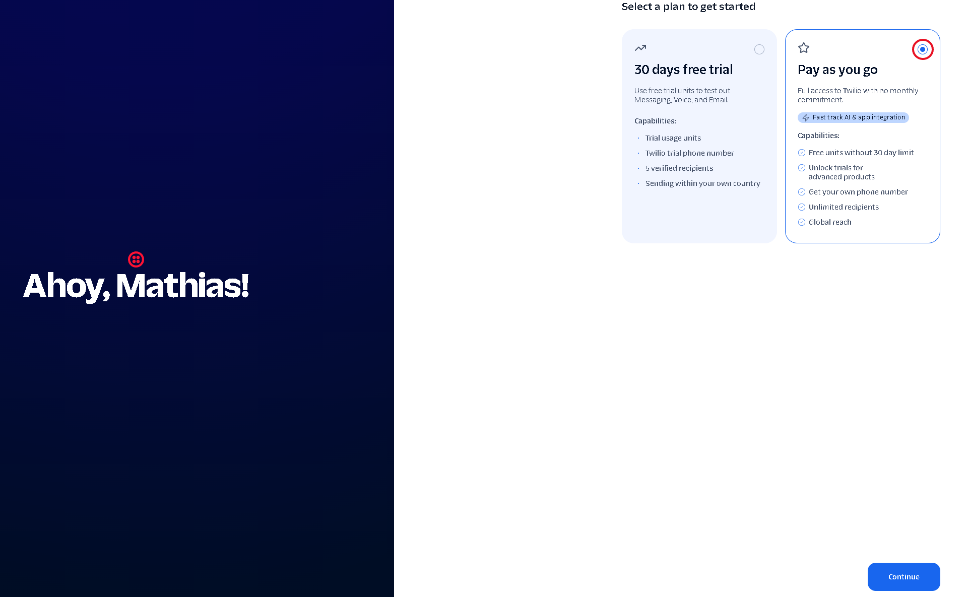 Twilio plan selection with the Pay as you go card chosen