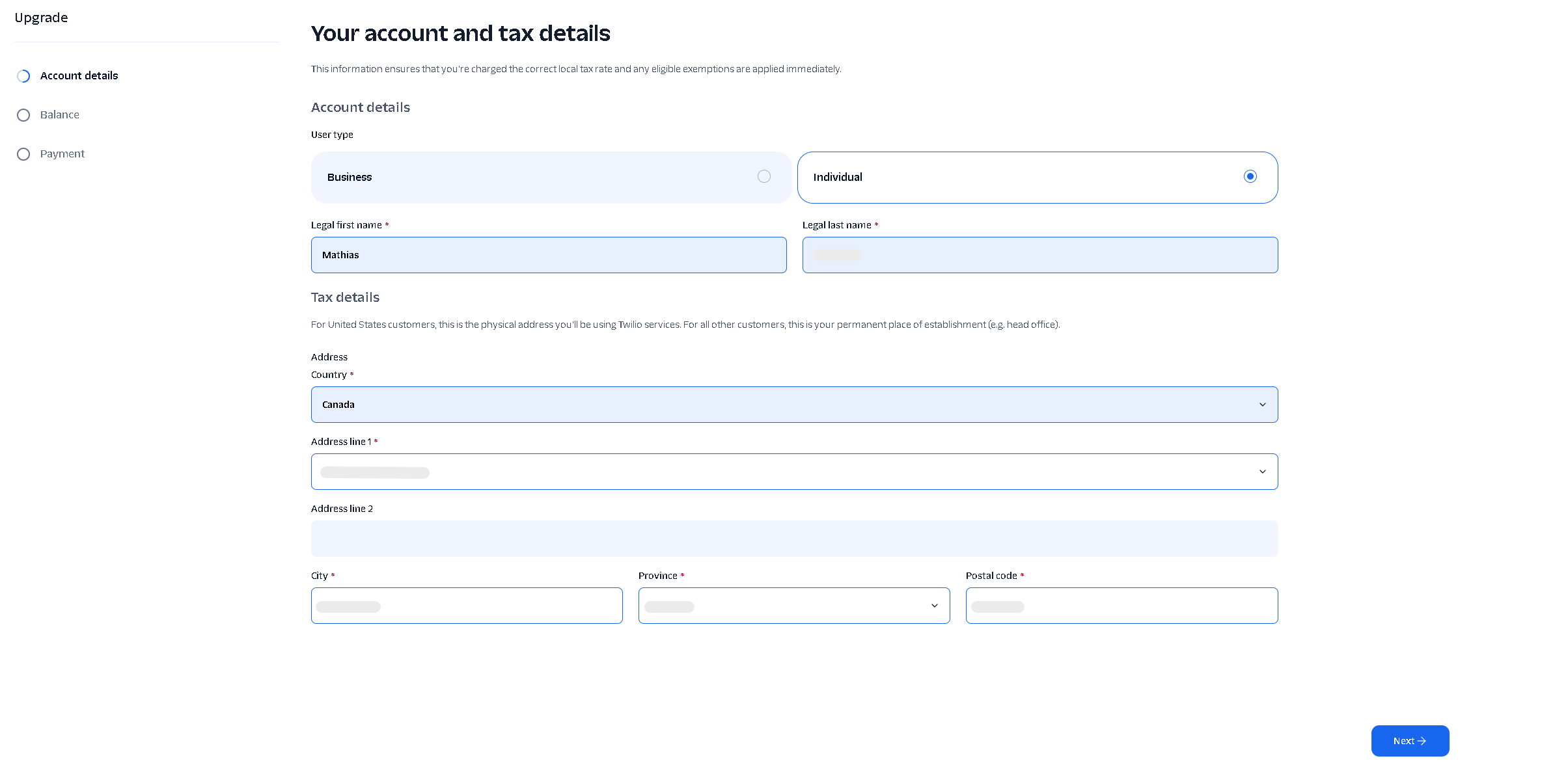 Twilio account and tax details form with Individual selected