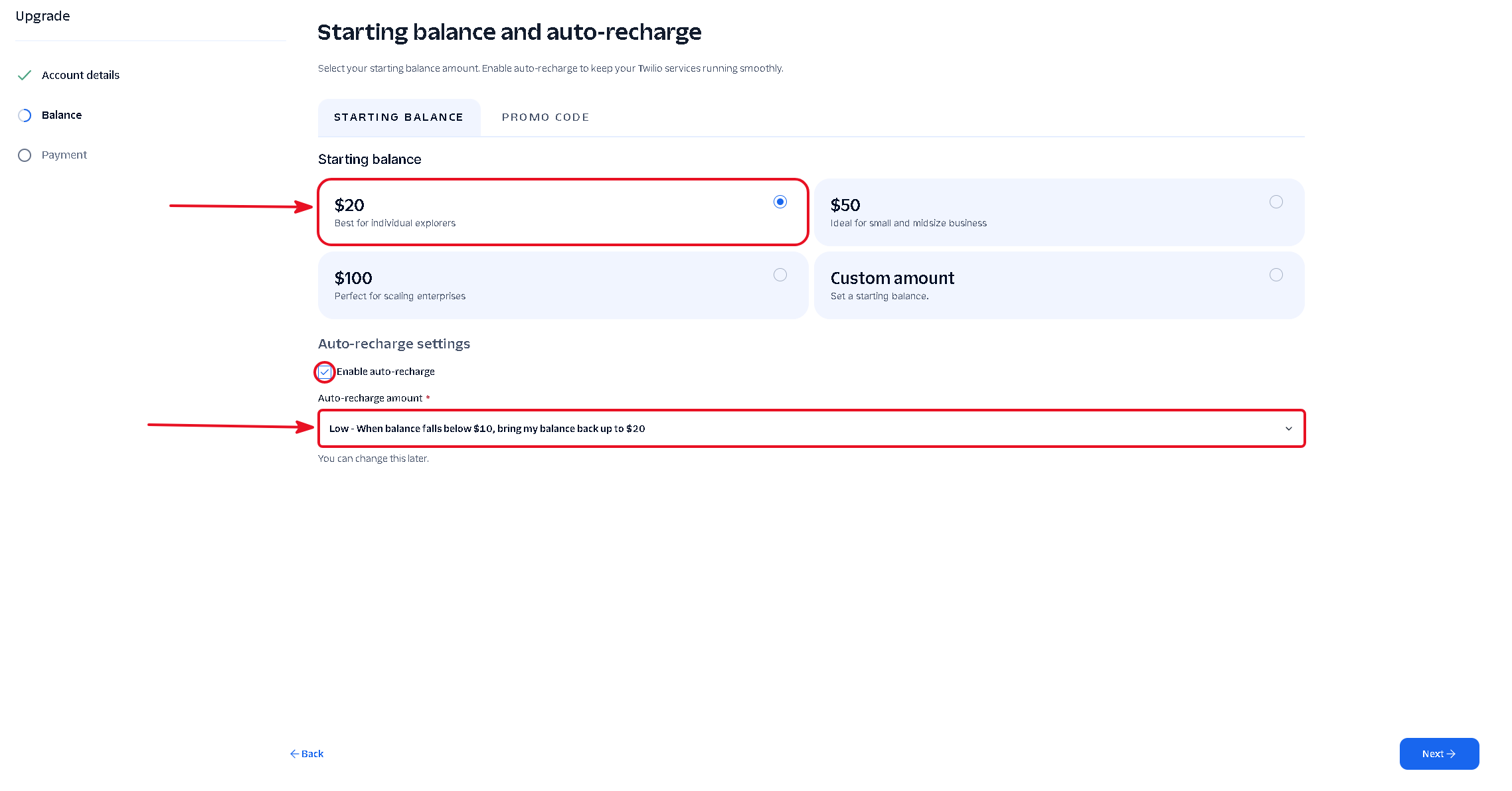 Twilio starting balance and auto-recharge settings