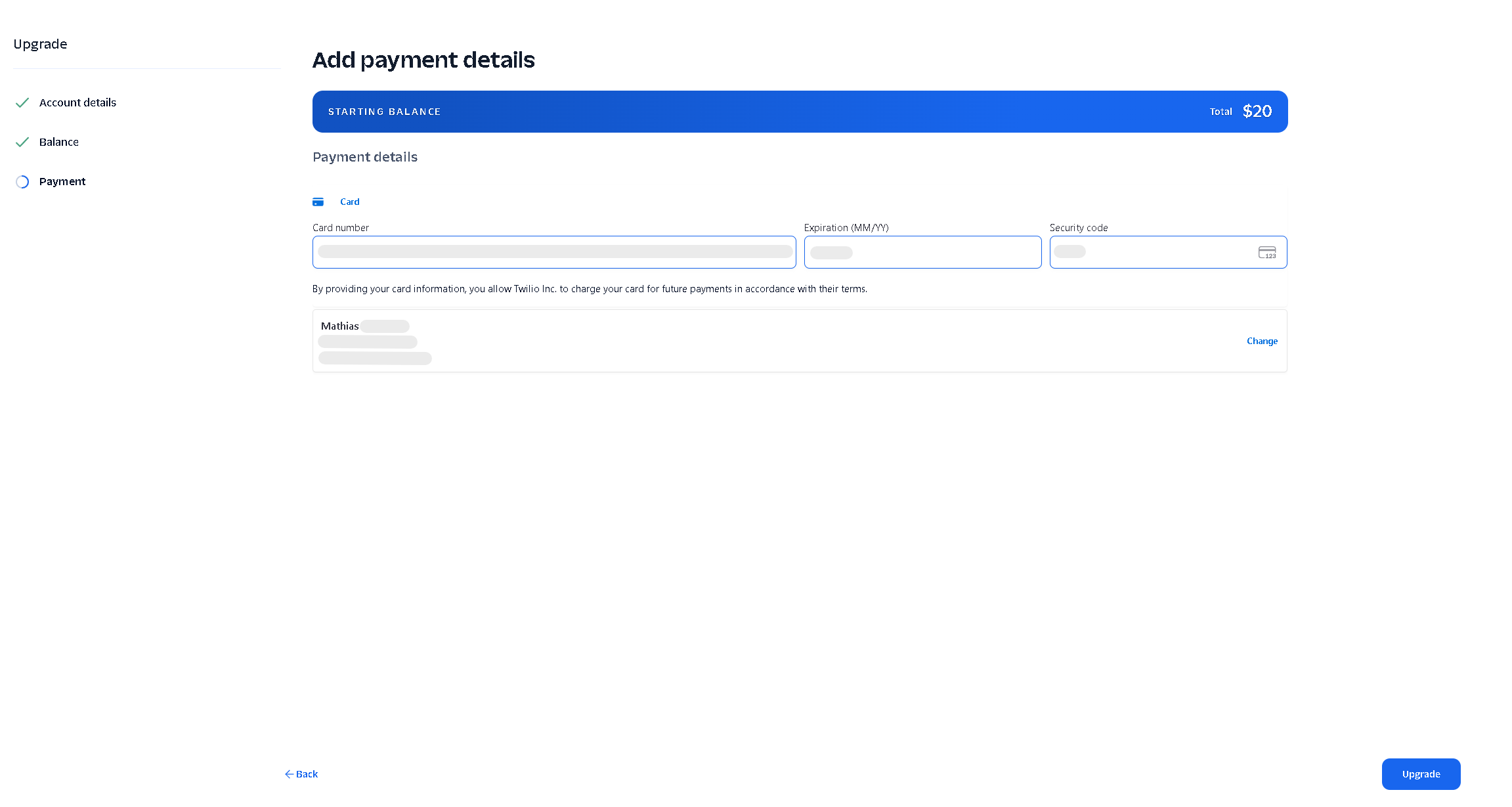 Twilio payment details form showing the \$20 starting balance