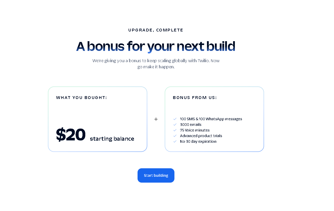 Twilio upgrade complete page with the Start building button