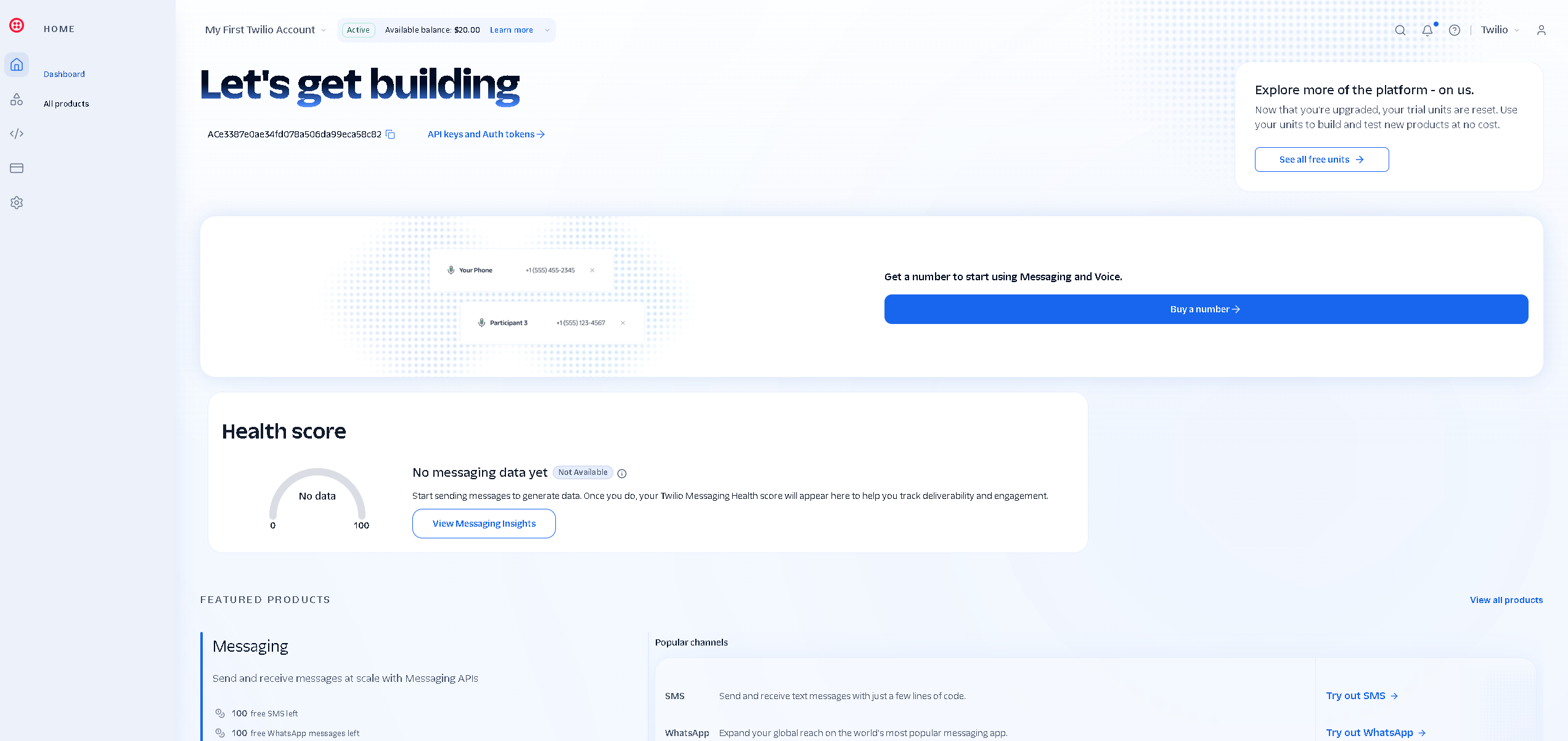 Twilio home page showing the account as active