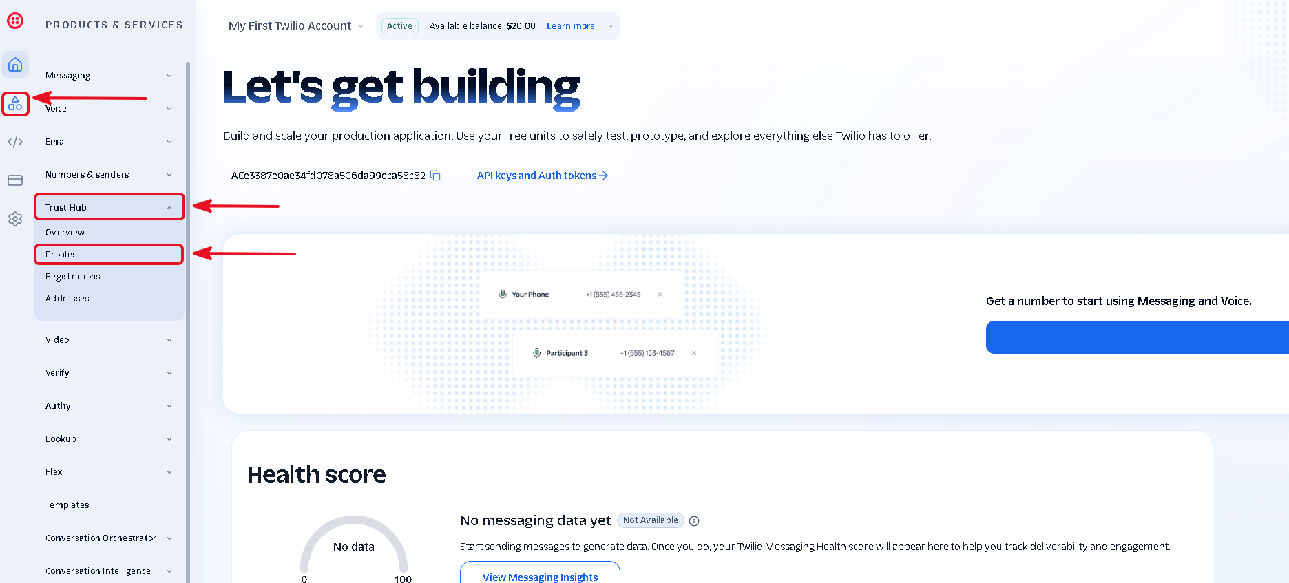Twilio Products and Services panel with Trust Hub expanded
