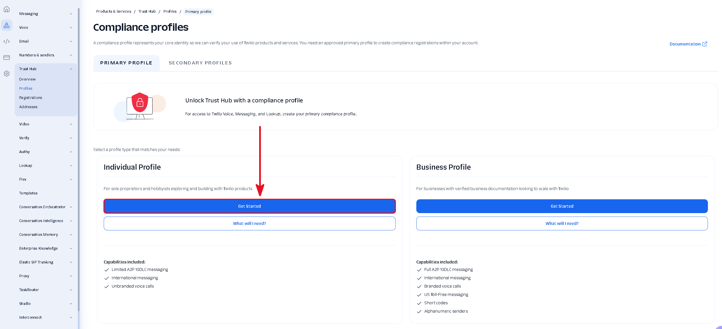 Twilio compliance profile types with Individual Profile selected