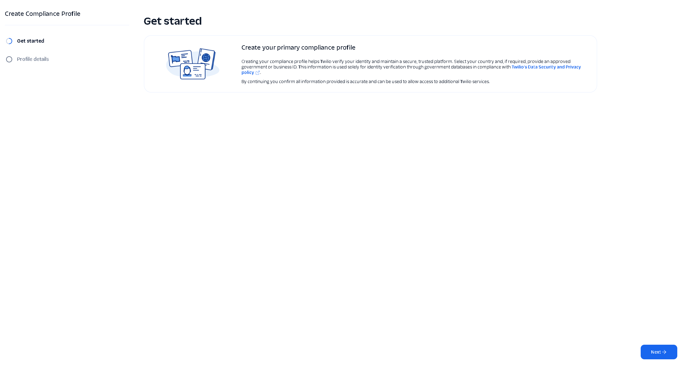 Twilio compliance profile get started page