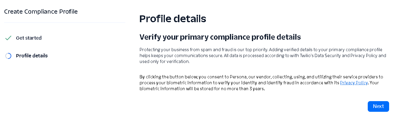 Twilio Persona verification consent page