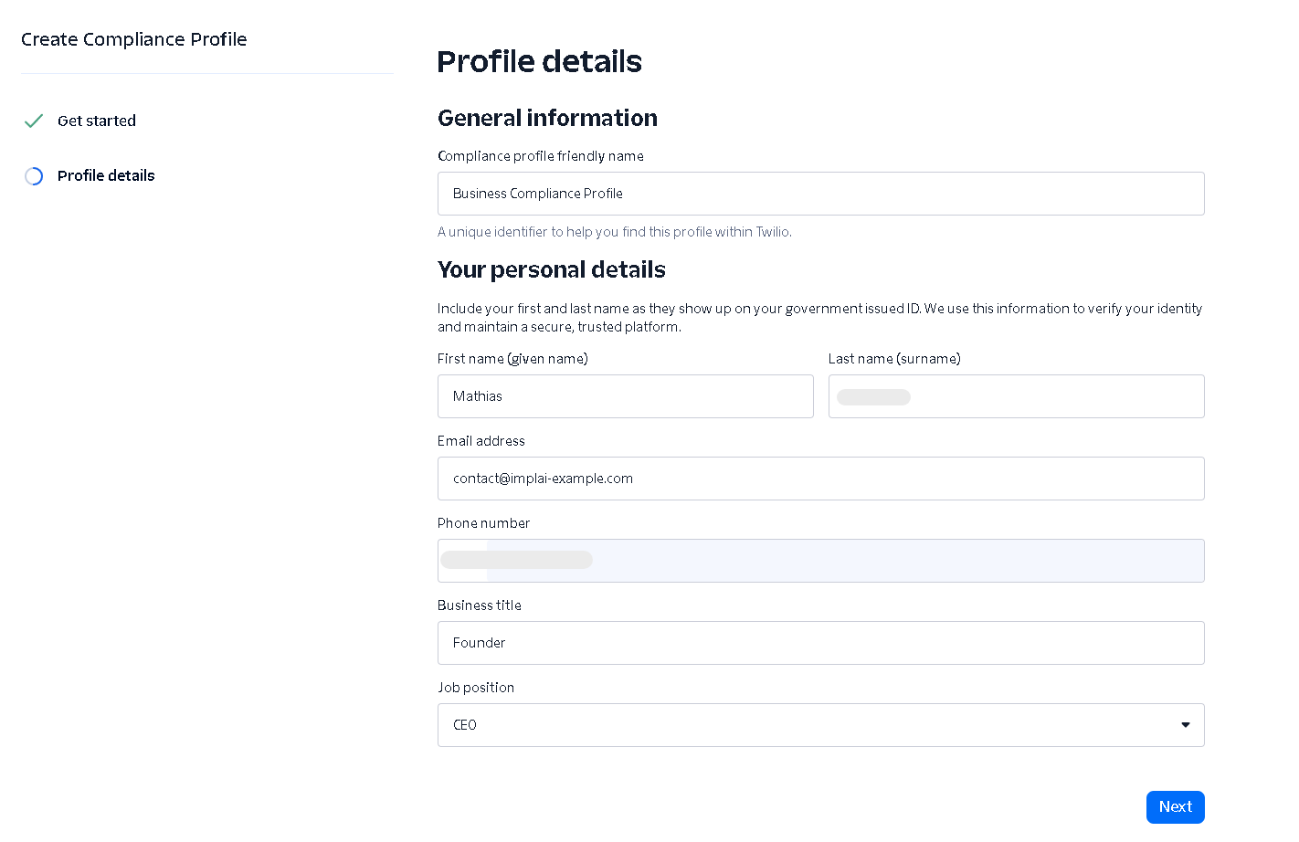 Twilio compliance profile personal details form