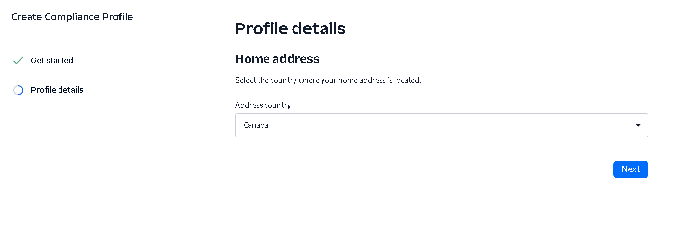 Twilio address country selection with a Next button