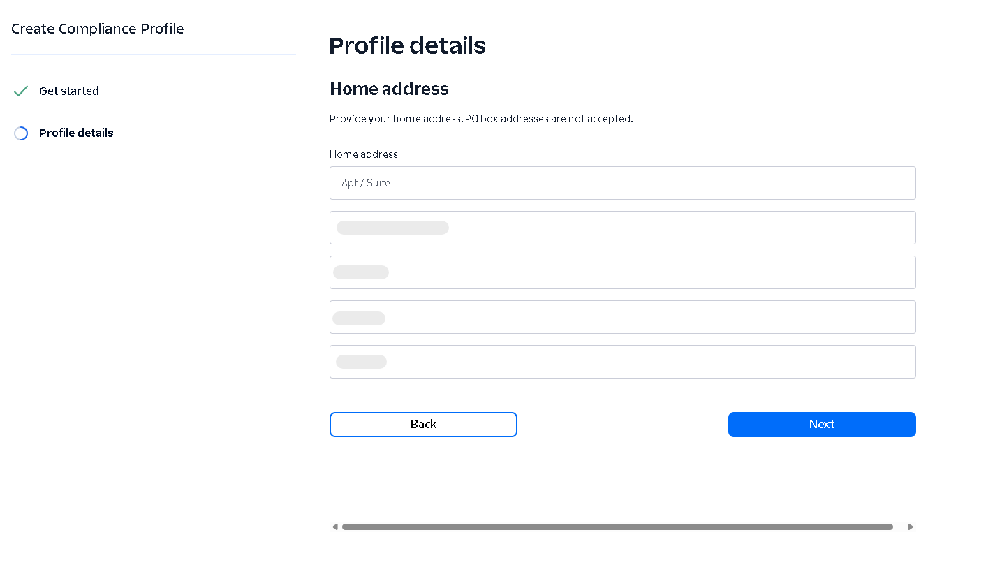 Twilio home address form with Back and Next buttons