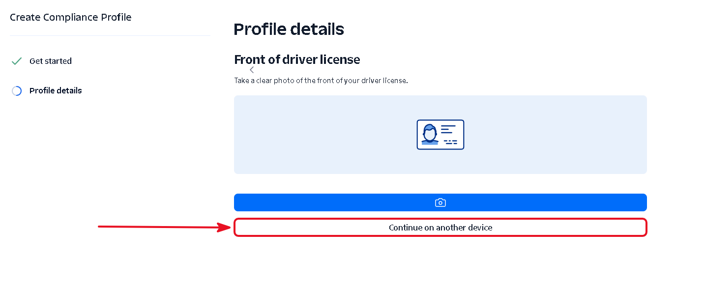 Twilio photo capture page with the Continue on another device option