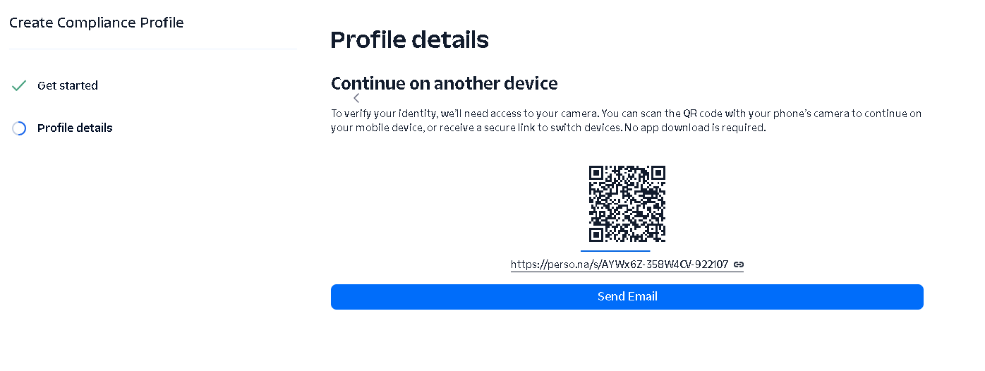 Twilio QR code to continue verification on a phone, with a Send Email option