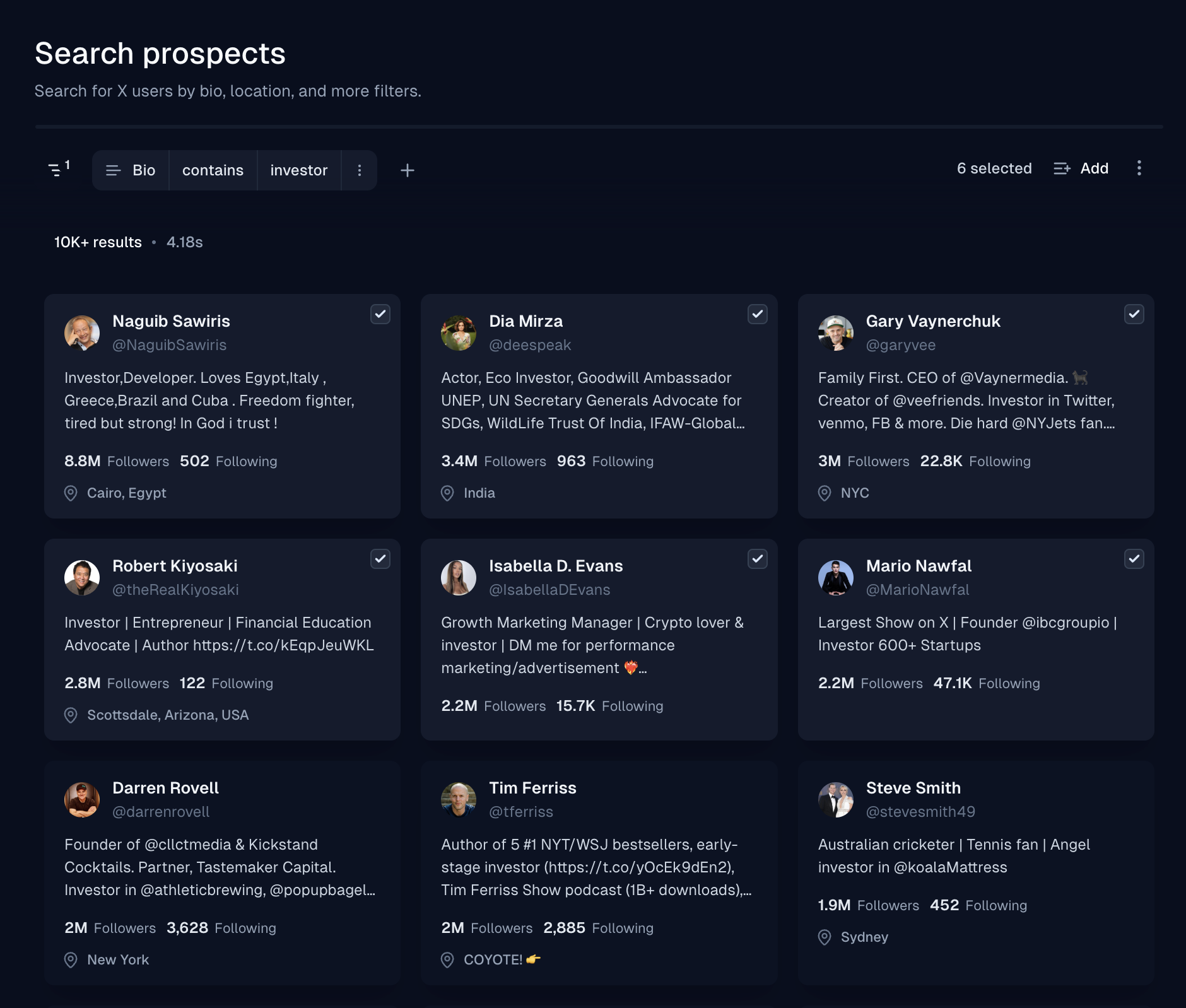 Lead search results with bio filter for investor