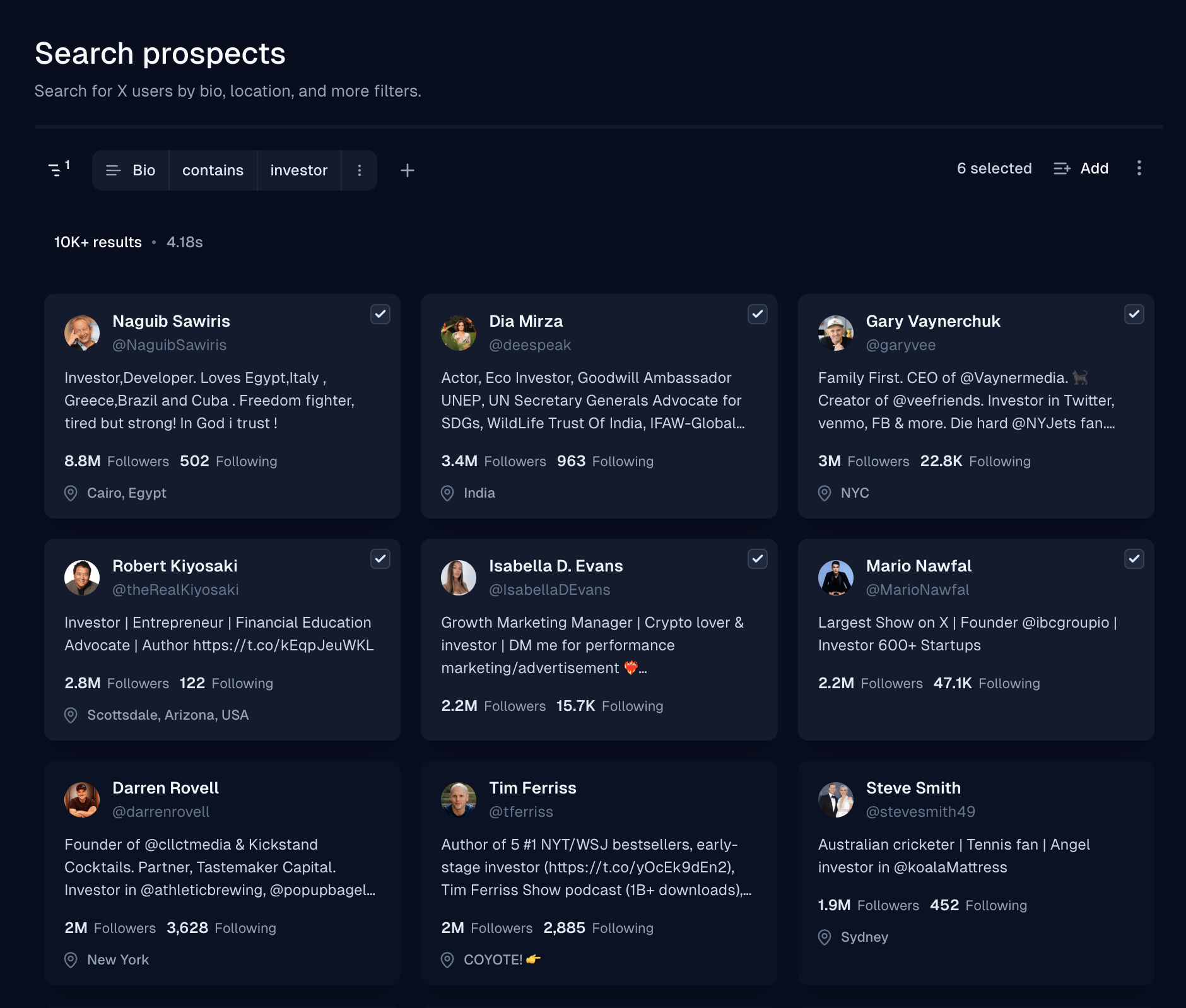 Lead search results with bio filter for investor