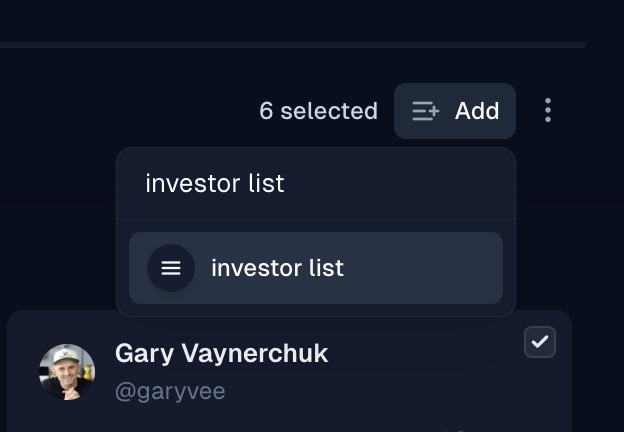 Add to List control for selected search results
