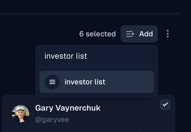 Add to List control for selected search results