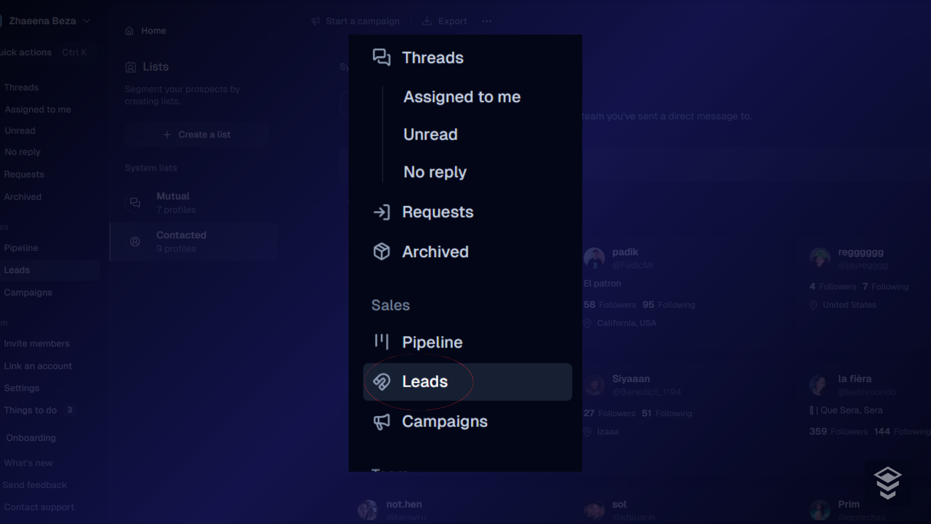 Leads page with list of contacts