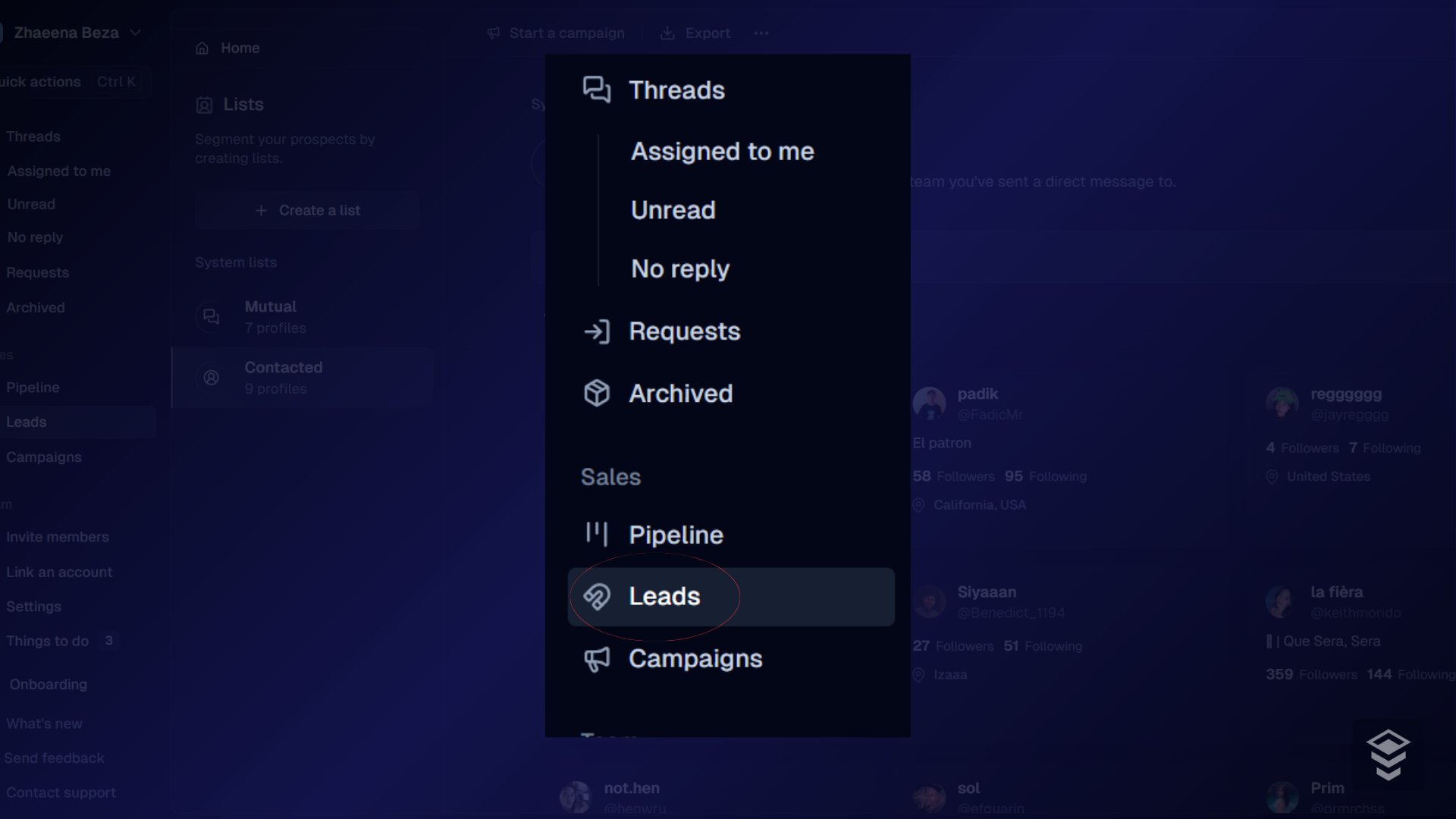 Leads page with list of contacts