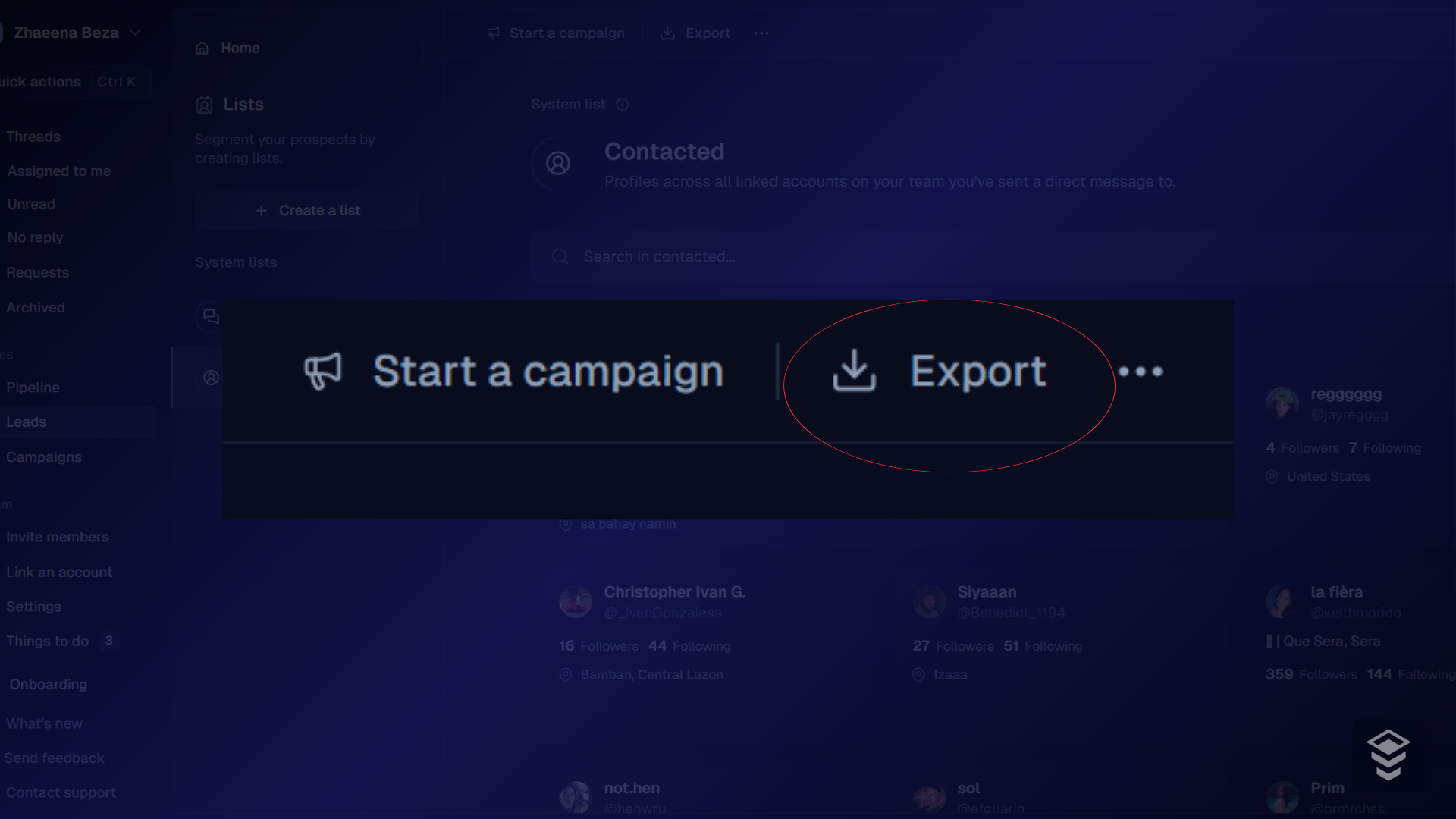 Export button on the leads toolbar