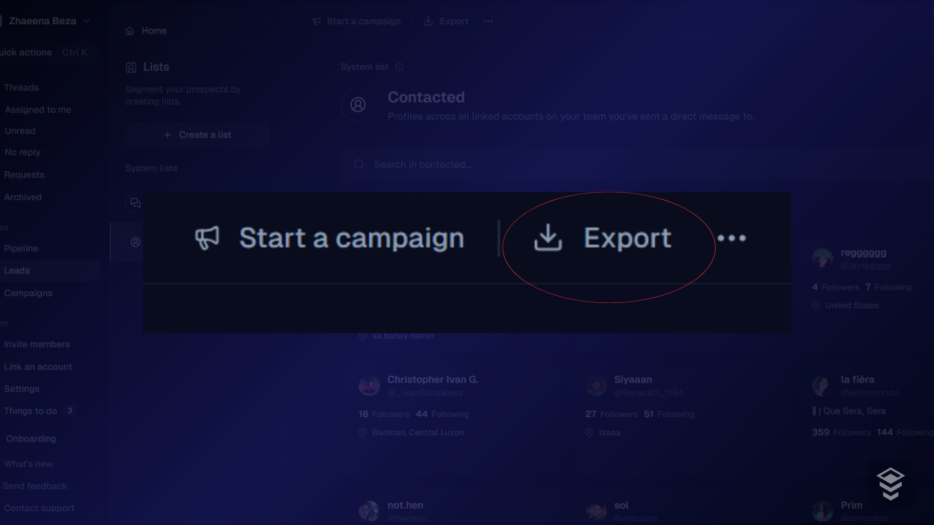 Export button on the leads toolbar