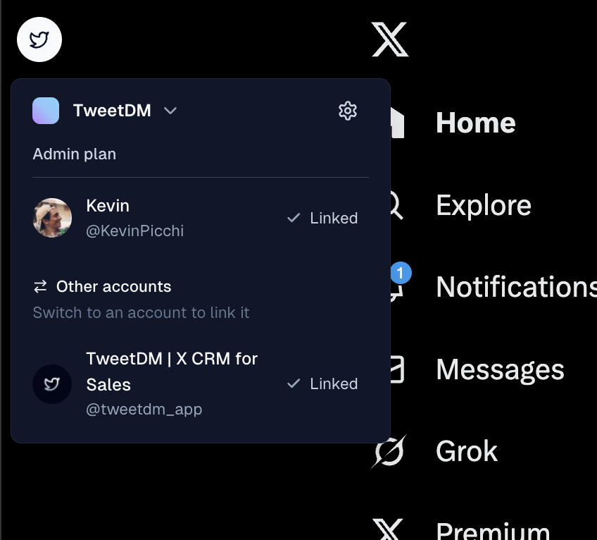 Inboxapp floating icon menu on X with a Link button next to the account