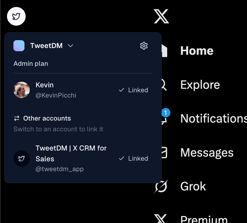 Inboxapp floating icon menu on X with a Link button next to the account