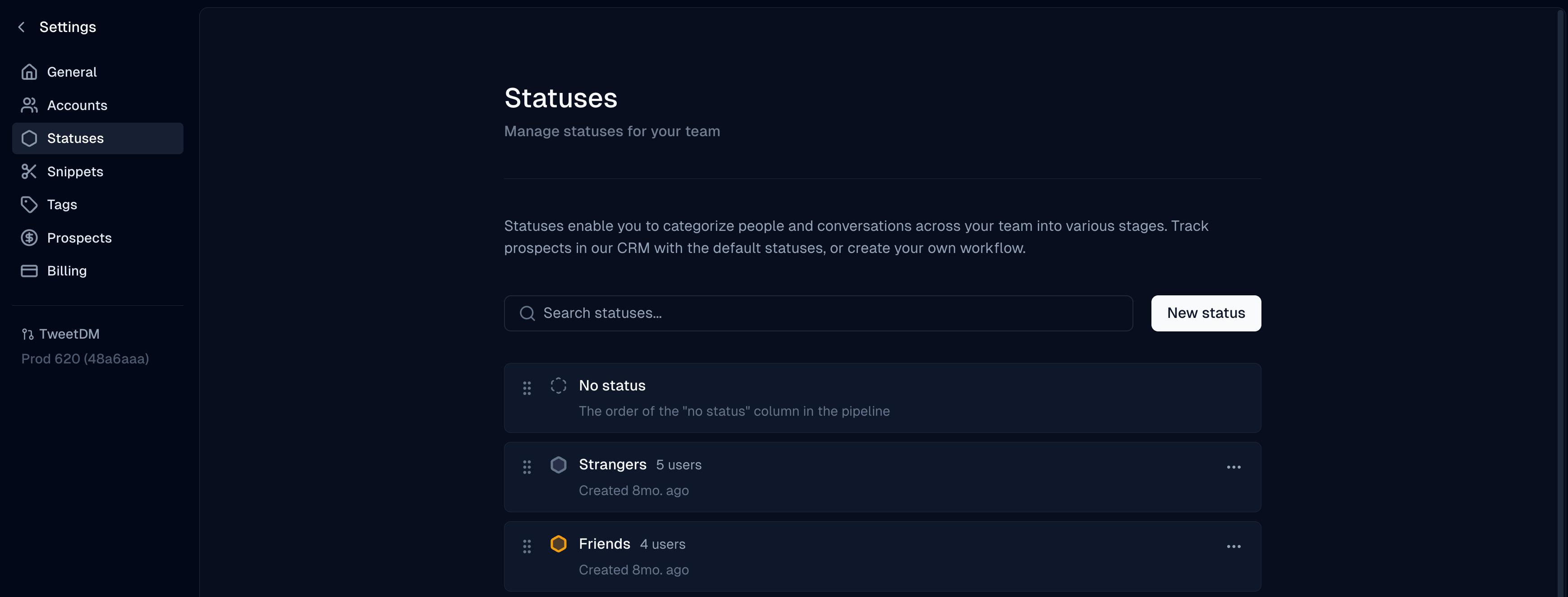 Statuses list in Settings