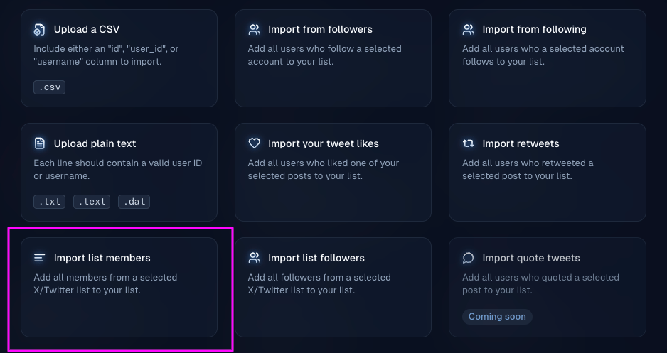 Members vs followers import choice for an X list
