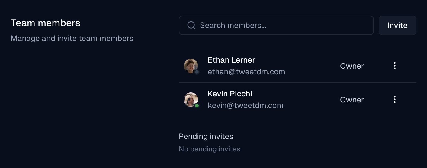Team members section with Invite button