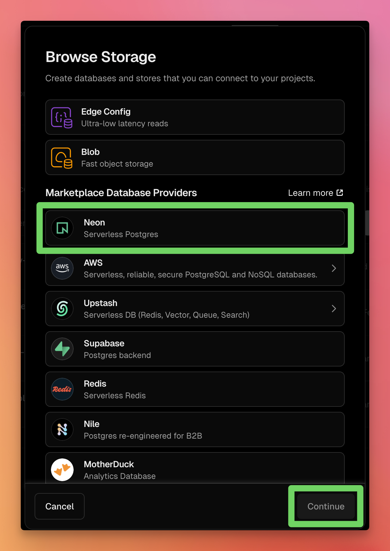 Neon option in Vercel Storage.