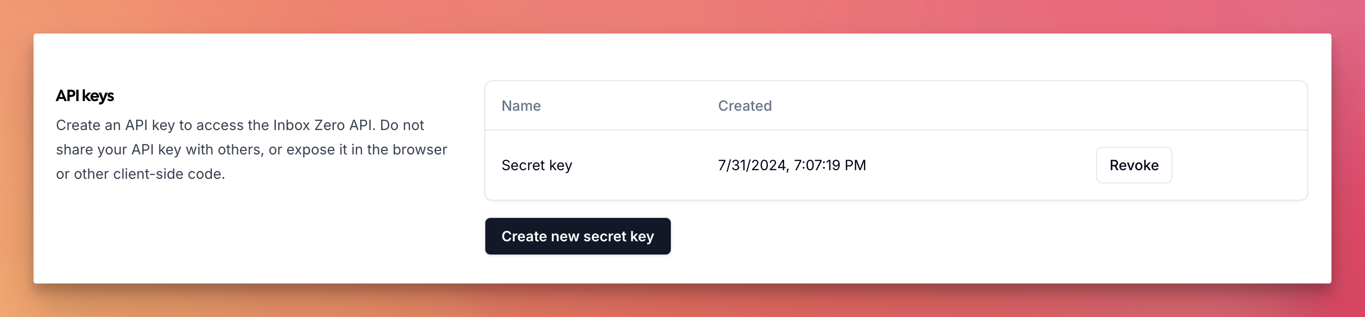 Create New Secret Key