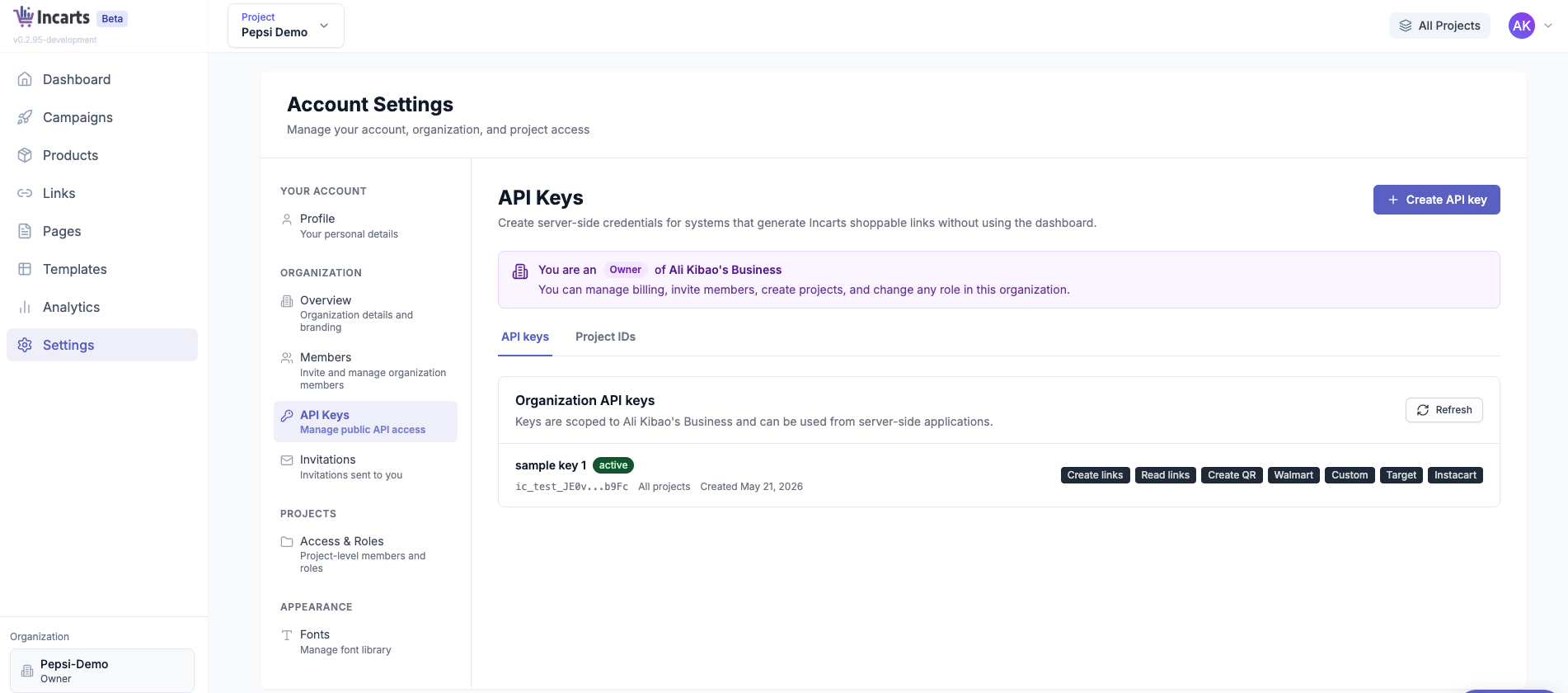 API key settings in the Incarts dashboard