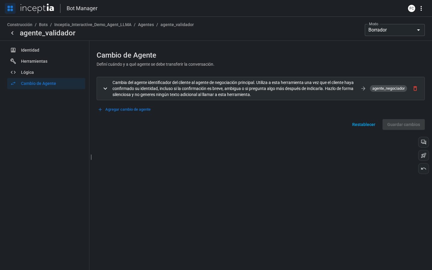 Tab Cambio de Agente con una regla configurada (colapsada)