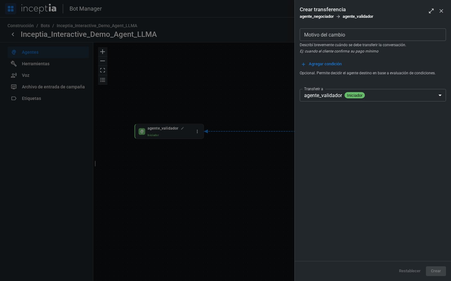 Panel Crear transferencia abierto desde el canvas, con origen y destino precargados
