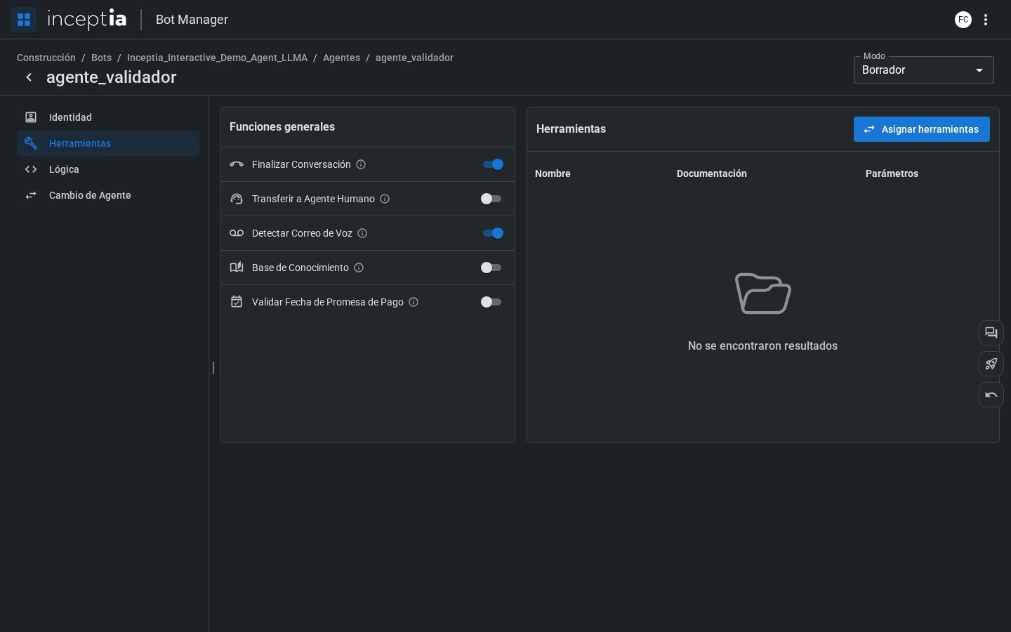 Panel de funciones generales con toggles por agente