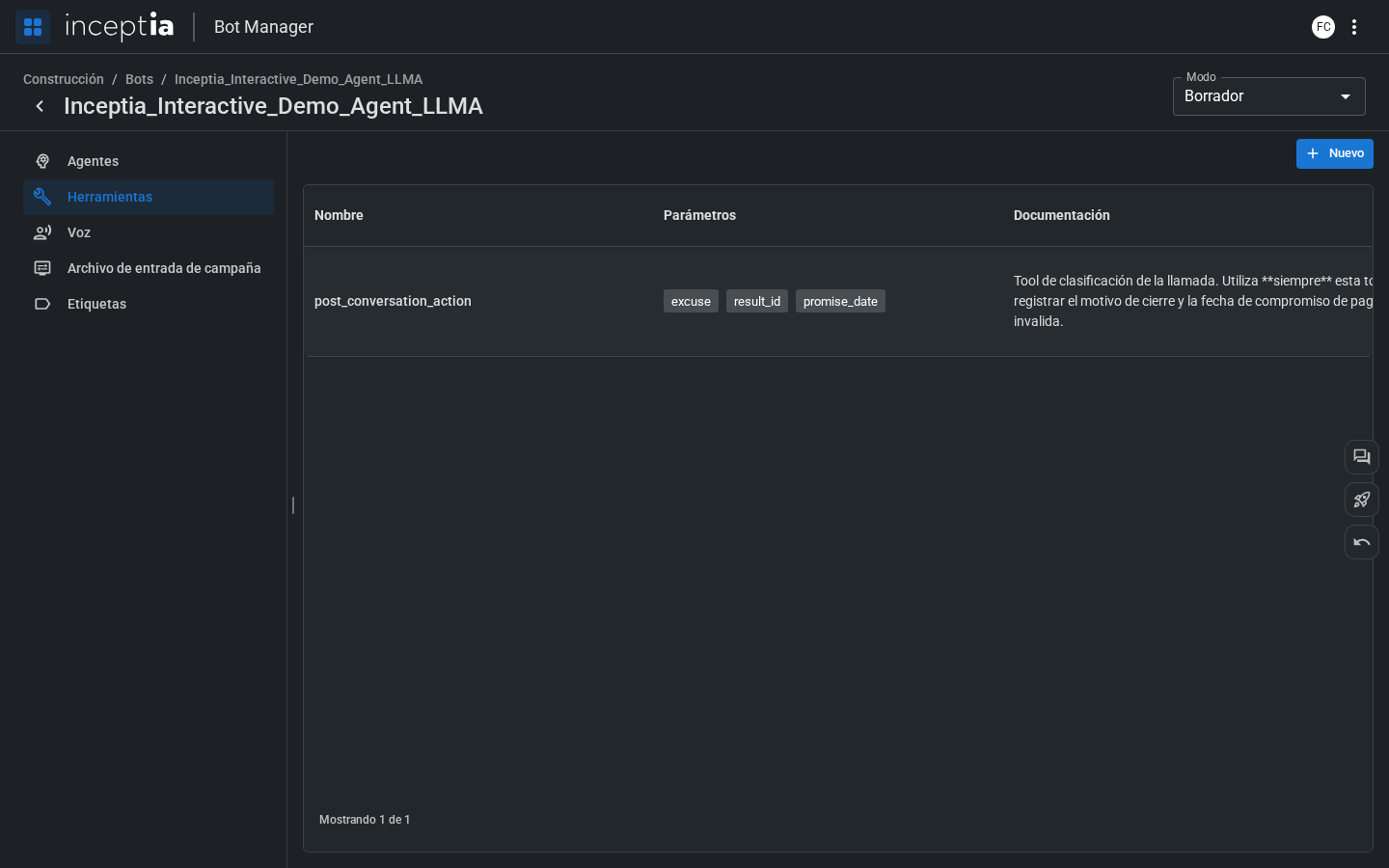 Tabla de herramientas custom asignadas al bot