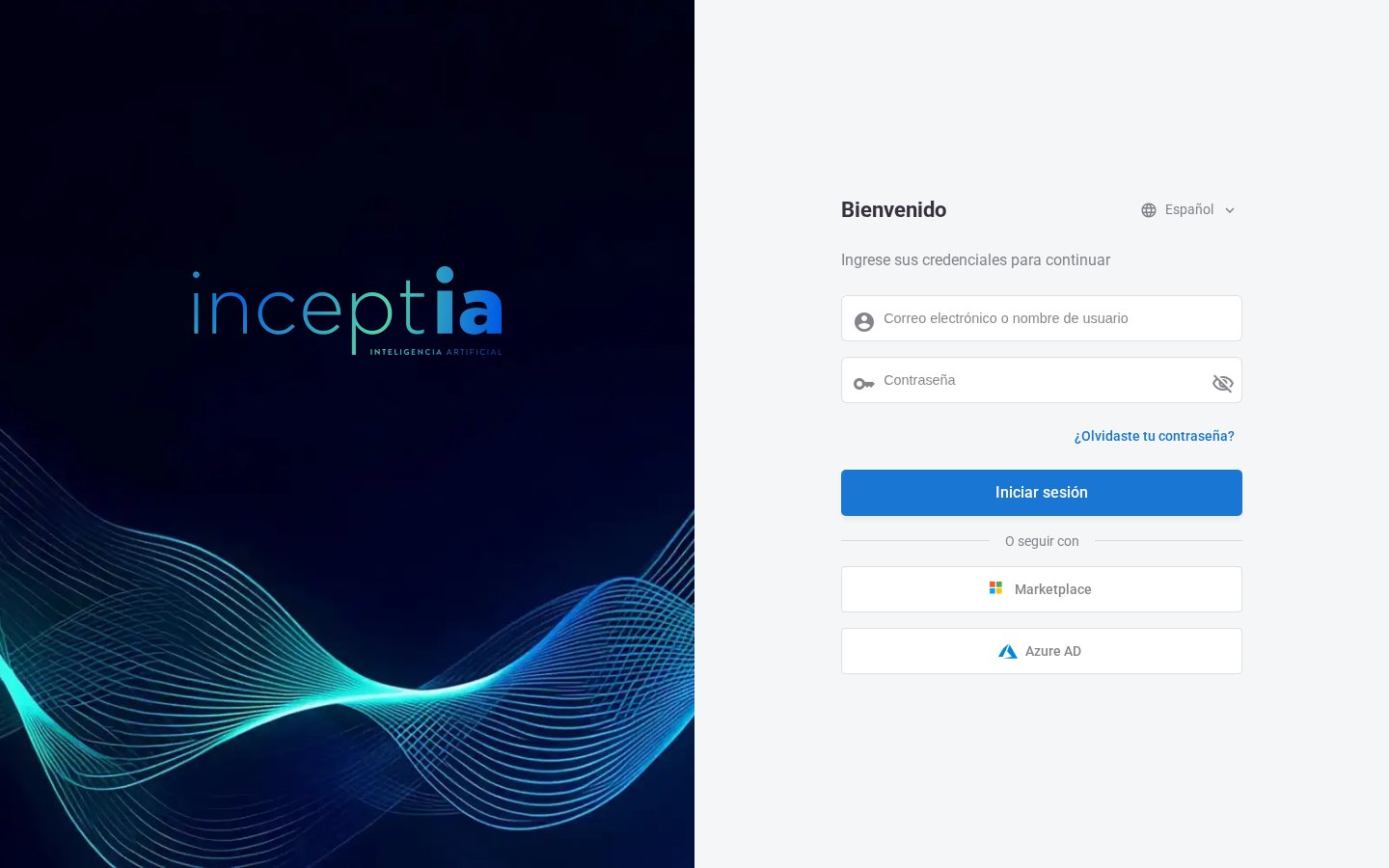 Pantalla de inicio de sesión de Inceptia