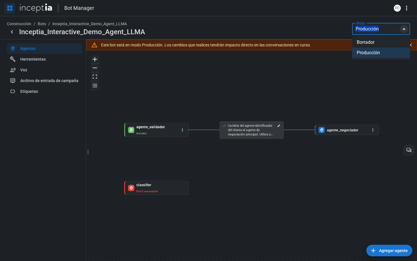 Dropdown de Modo con las opciones Borrador y Producción