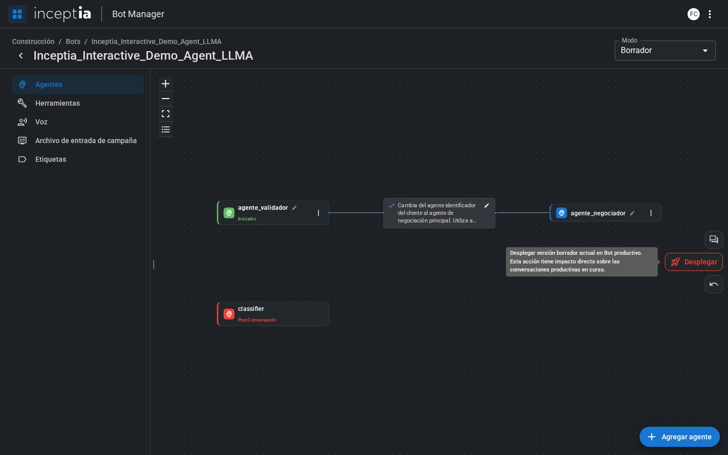 Tooltip del botón Desplegar: desplegar versión borrador actual en Bot productivo