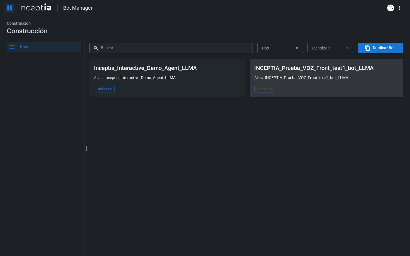 Lista de bots del cliente en el Bot Manager