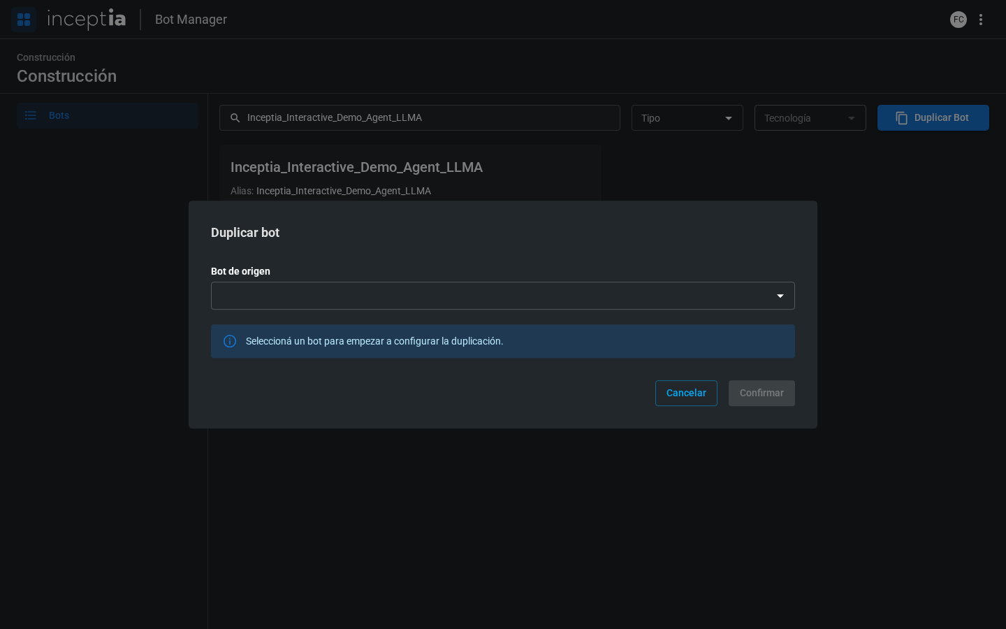 Diálogo de Duplicar bot con selector de bot de origen