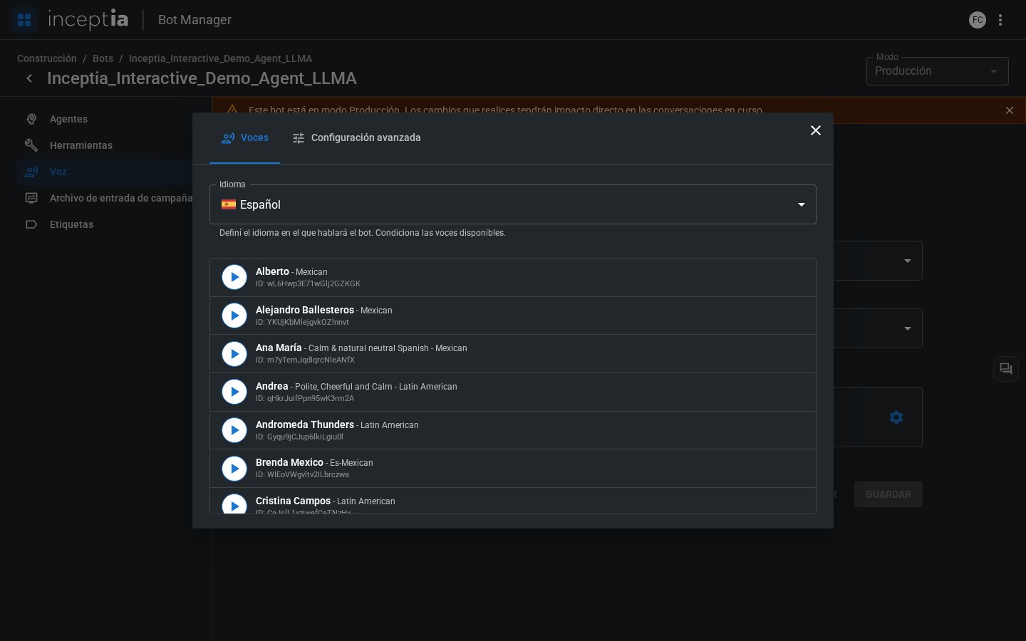 Modal de selección de voces, con selector de idioma y lista de voces