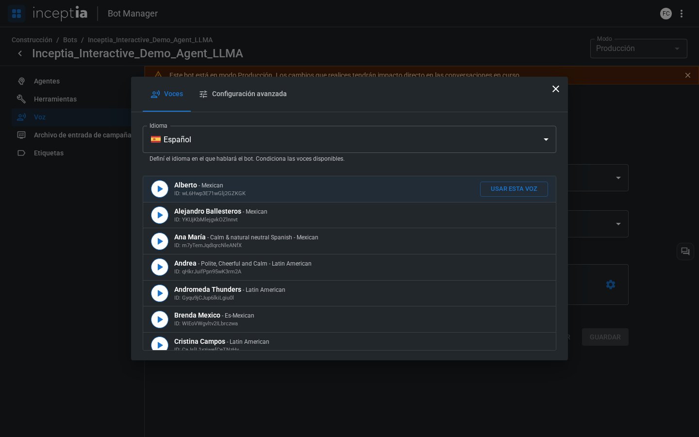 Botón Usar esta voz al pasar el mouse sobre una voz