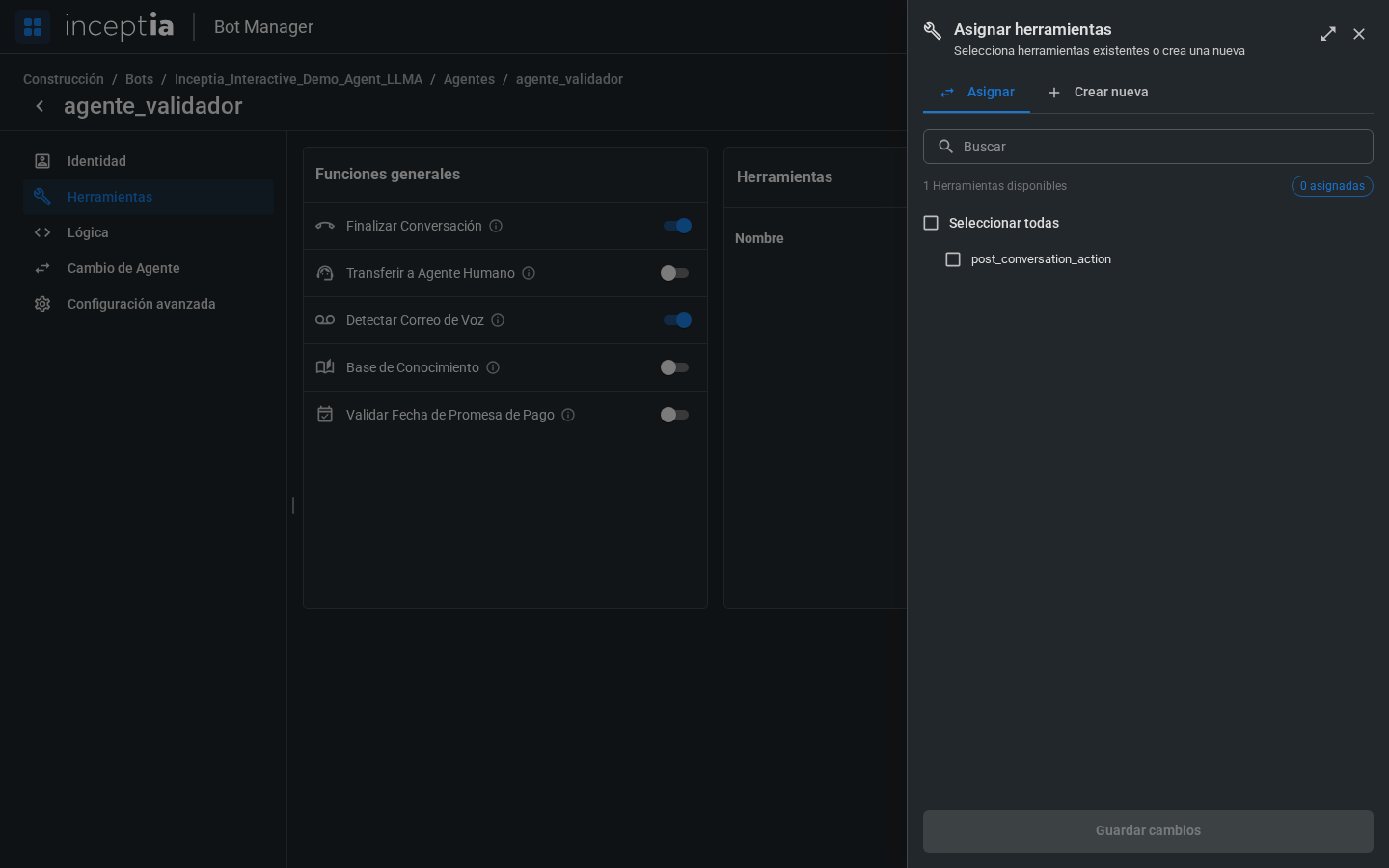 Panel Asignar herramientas con la lista de herramientas disponibles para asignar