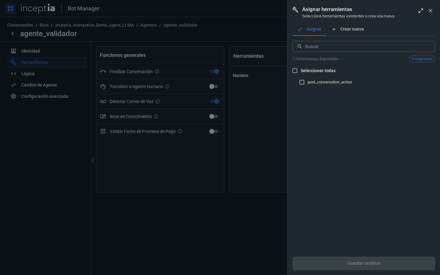 Panel Asignar herramientas con la lista de herramientas disponibles para asignar