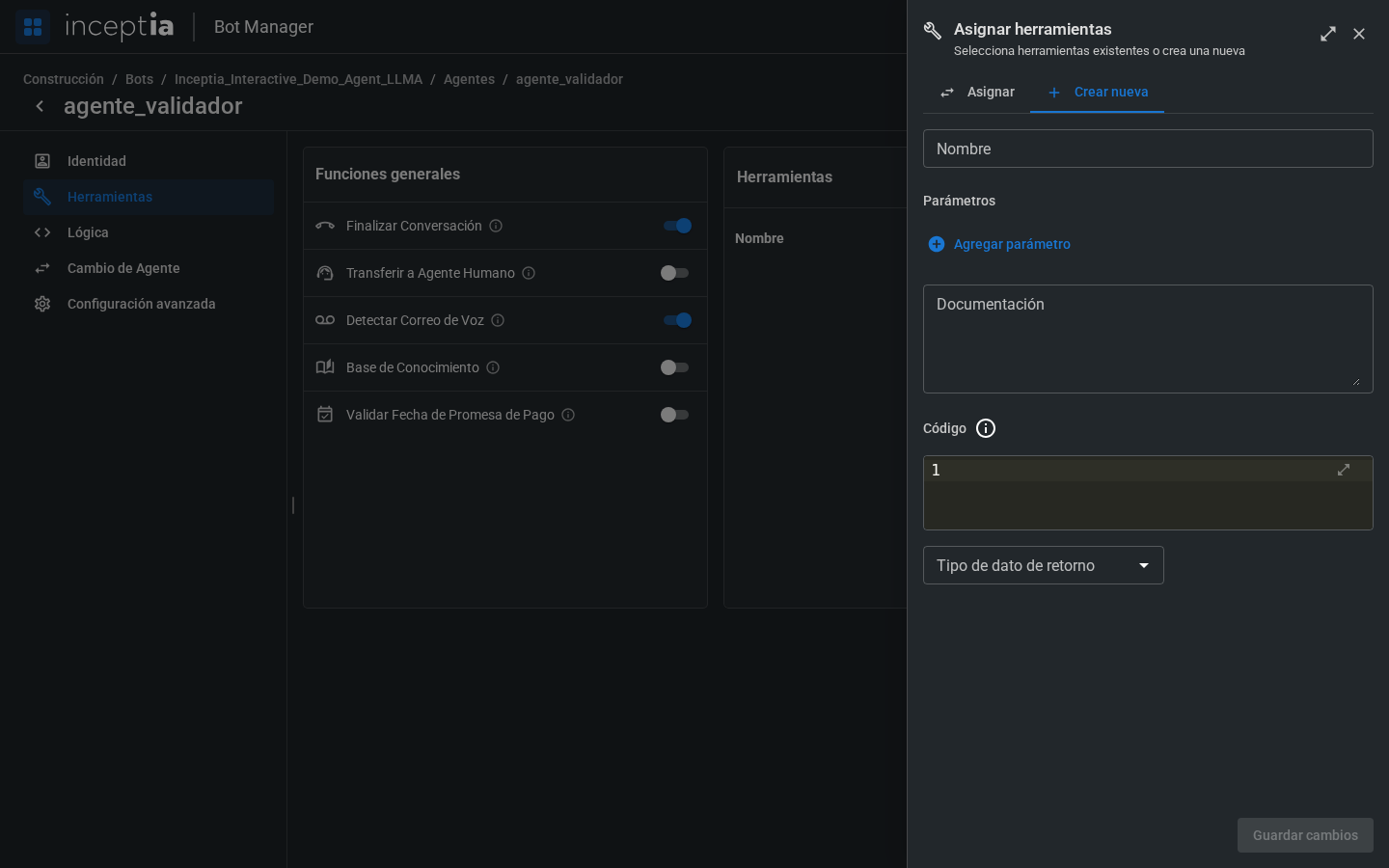 Tab Crear nueva del panel Asignar herramientas, con el formulario de creación