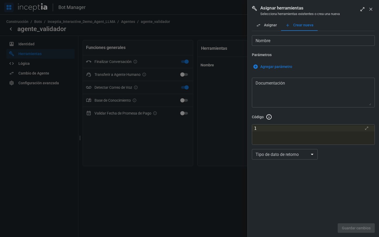 Tab Crear nueva del panel Asignar herramientas, con el formulario de creación