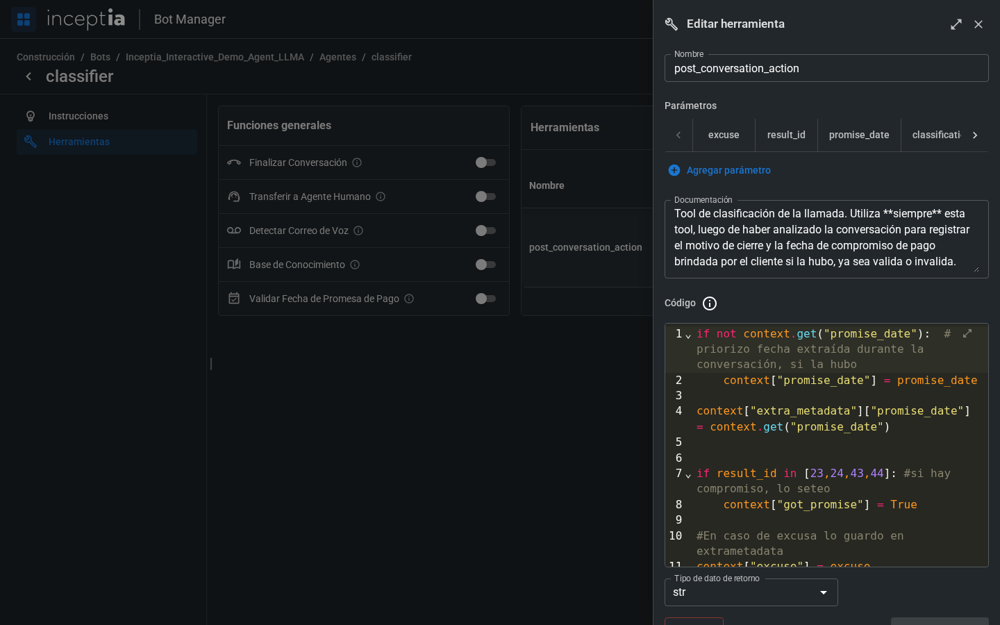 Editor de la herramienta asignada al agente PostConversación, con sus parámetros y su código
