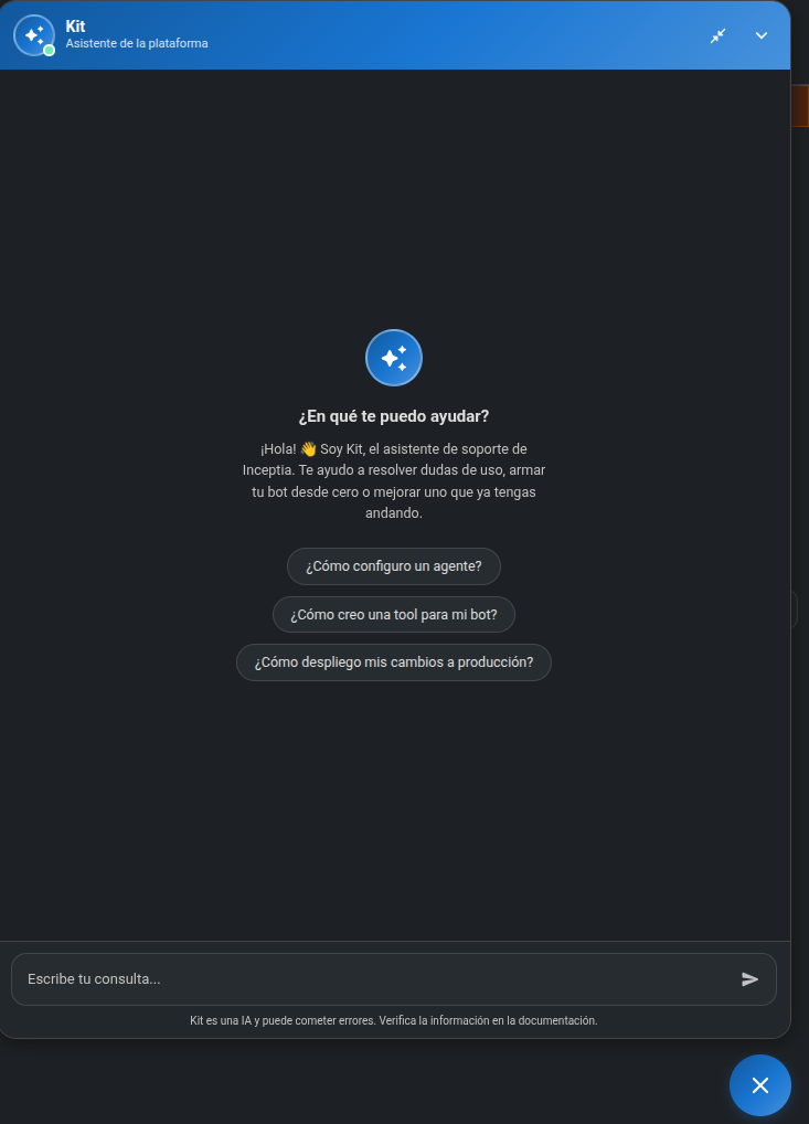 Ventana de chat de Kit con sugerencias de preguntas frecuentes