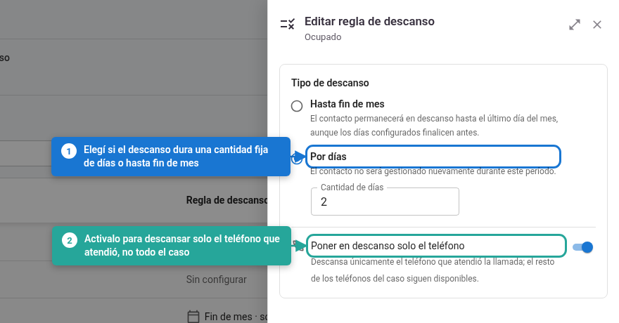 Panel de configuración de la regla de descanso de una etiqueta
